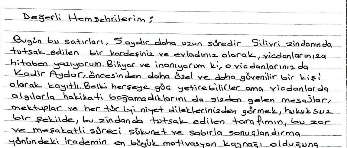 Kadir Aydar Silivri’den Hemşehrilerine Seslendi: “Masumiyet Yargılanamaz”