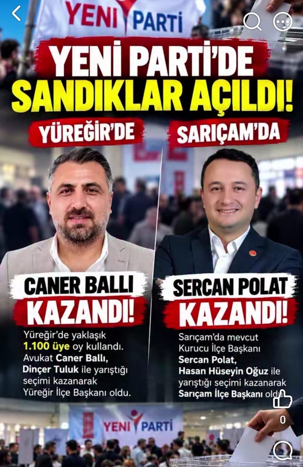 YÜREĞİR’DE CANER BALLI, SARIÇAM’DA SERCAN POLAT KAZANDI!
